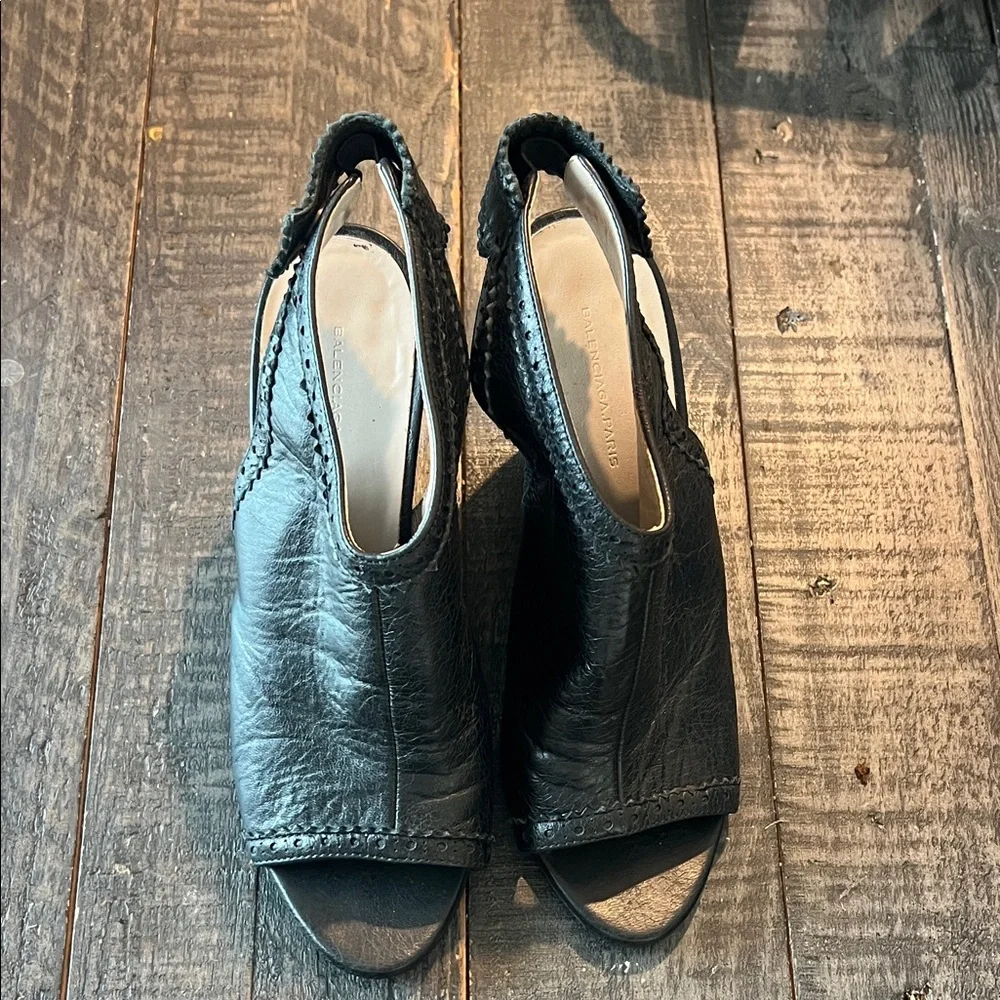 Balenciaga Black Leather Peep-Toe Wedge Sandals